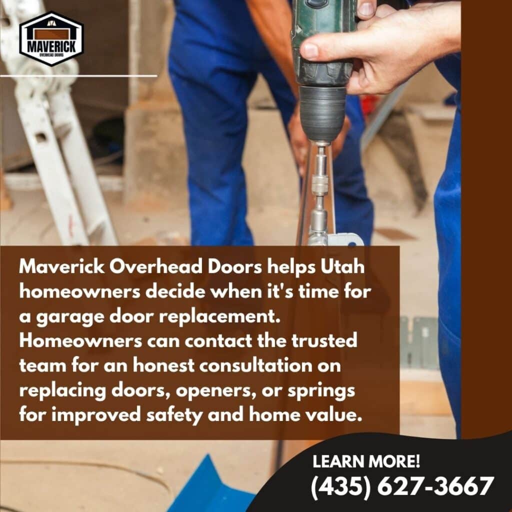 Promotional graphic for Maverick Overhead Doors offering professional spring repair and opener maintenance to prevent dangerous failures.